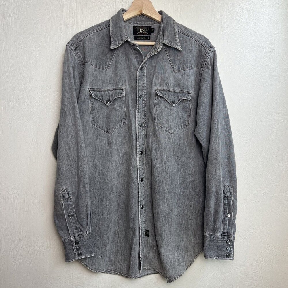 Vintage RRL Ralph Lauren Mens Gray Western Denim Shirt Size Medium Pearl Snap
